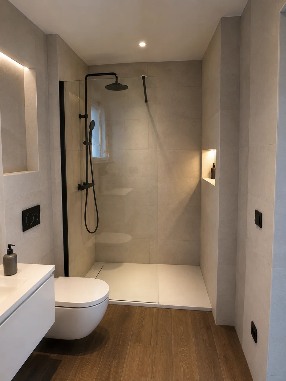 Baño reformado con ducha, grifería negra y hornacinas iluminadas