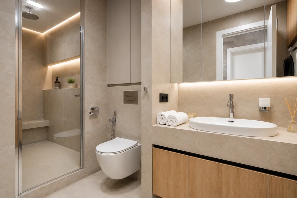 Bany reformat a Sant Quirze amb moble de fusta, lavabo sobre taulell i il·luminació integrada